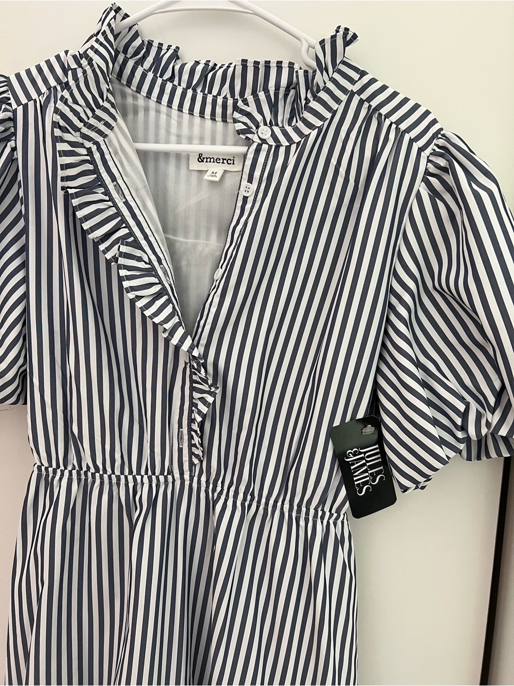 NWT Striped Puff-Sleeve Tiered Maxi Dress - Navy & White - Picture 4 of 5